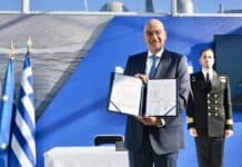 Παρουσία Νίκου Δένδια στην τελετή ονοματοδοσίας και ύψωσης της Ελληνικής Σημαίας στη Φρεγάτα FDI ΗΝ «ΝΕΑΡΧΟΣ»